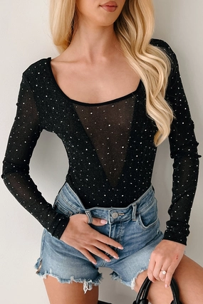 For Kids Non See Beginner Level Seamless Design Sparkle Over Stress Rhinestone Mesh Bodysuit (Black)