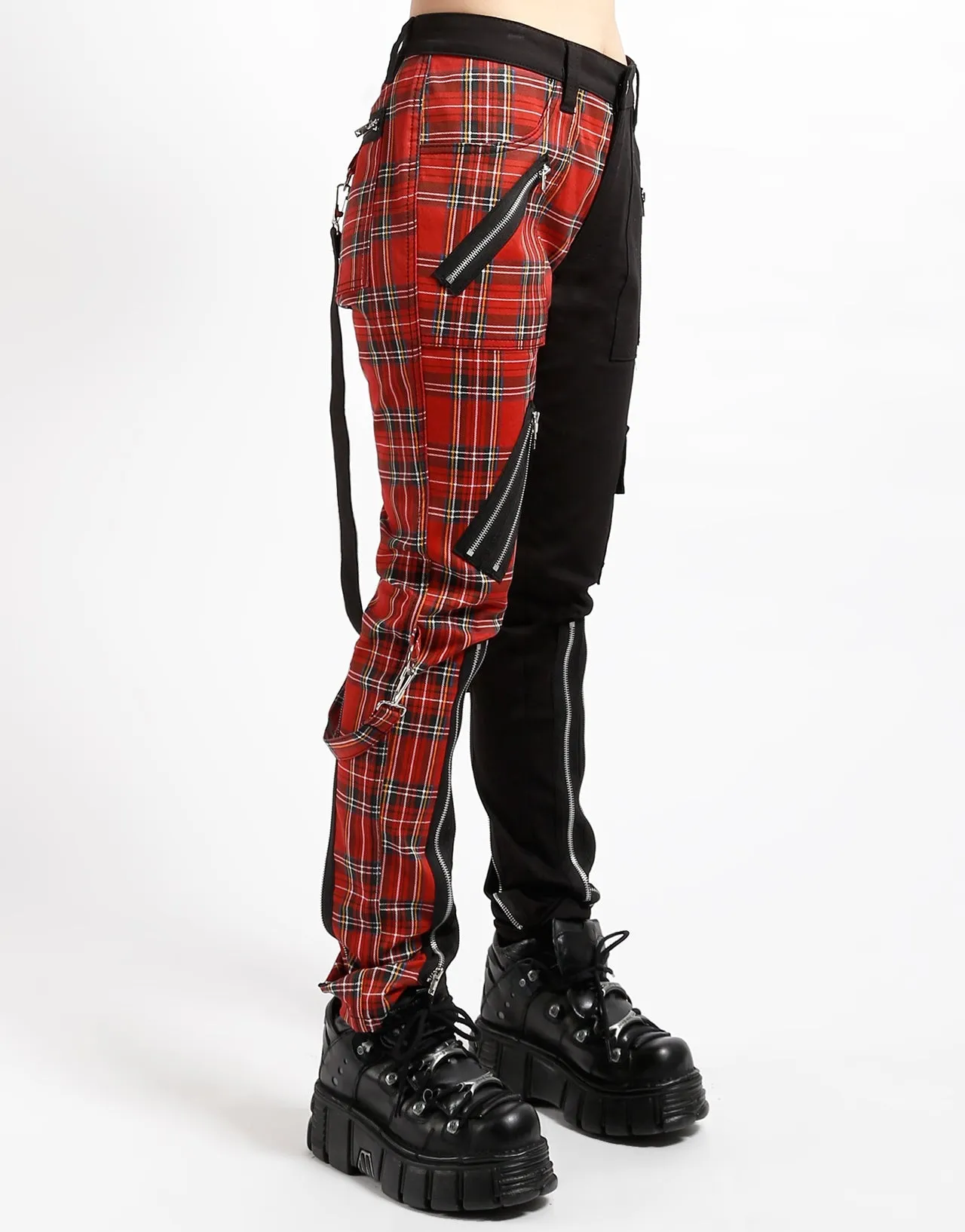 SPLIT LEG BONDAGE PANT BLK RED PLAID Stretchable Fabric Eco Friendly Dyeing