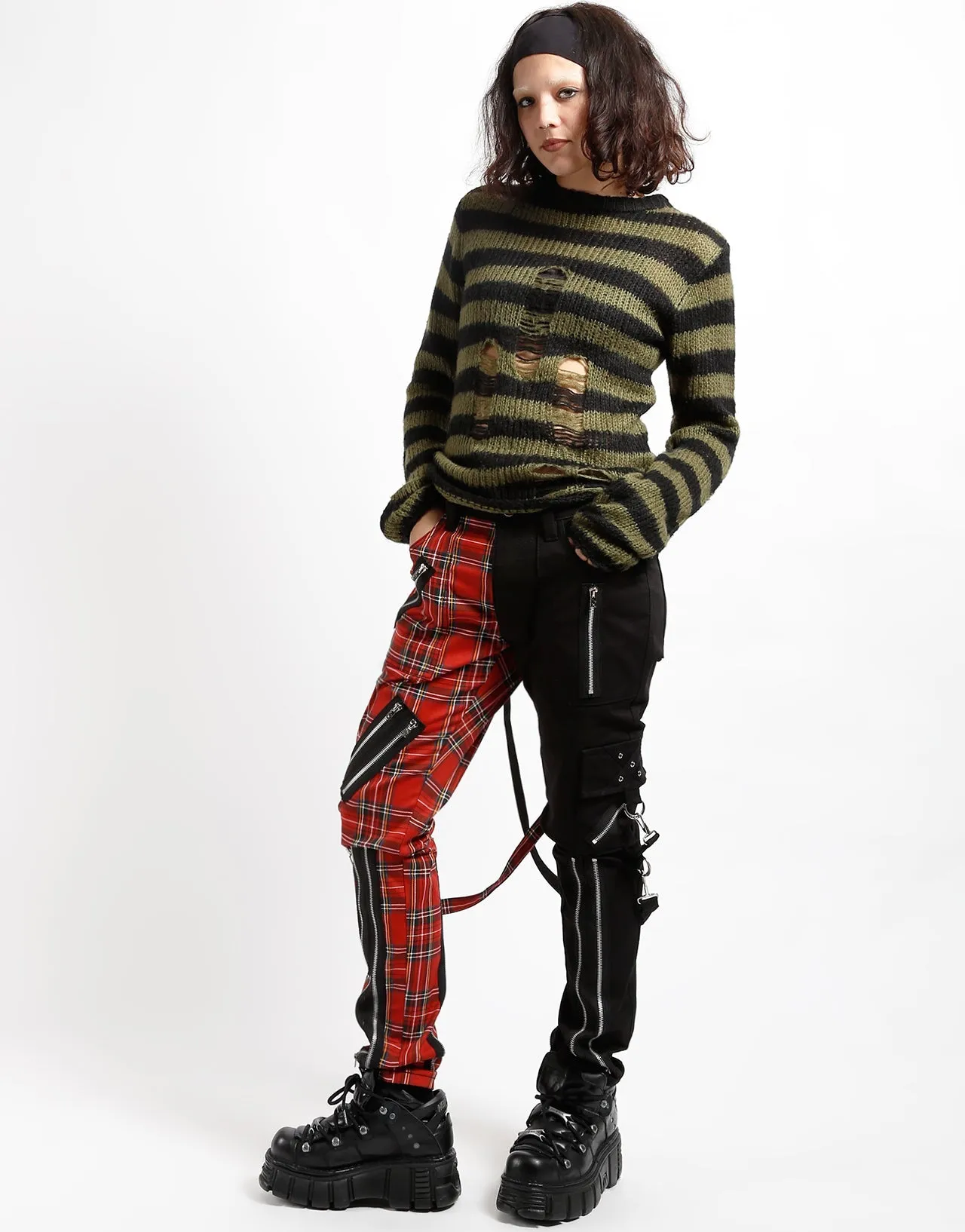 SPLIT LEG BONDAGE PANT BLK RED PLAID Adjustable drawstring Cool Comfort