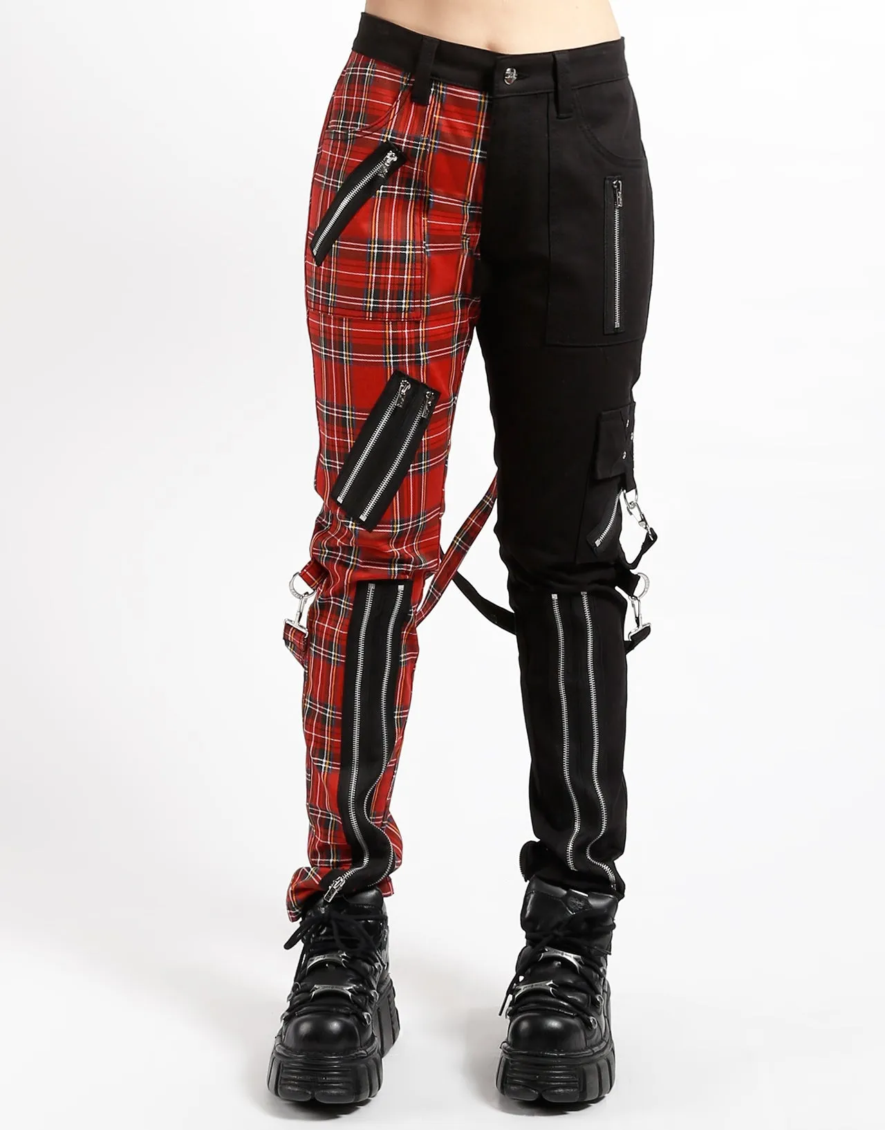SPLIT LEG BONDAGE PANT BLK RED PLAID Feminine Fit