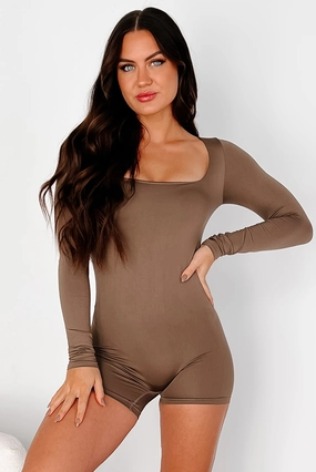 My Greatest Motivator Square Neck Long Sleeve Romper (Brown) Everyday Student