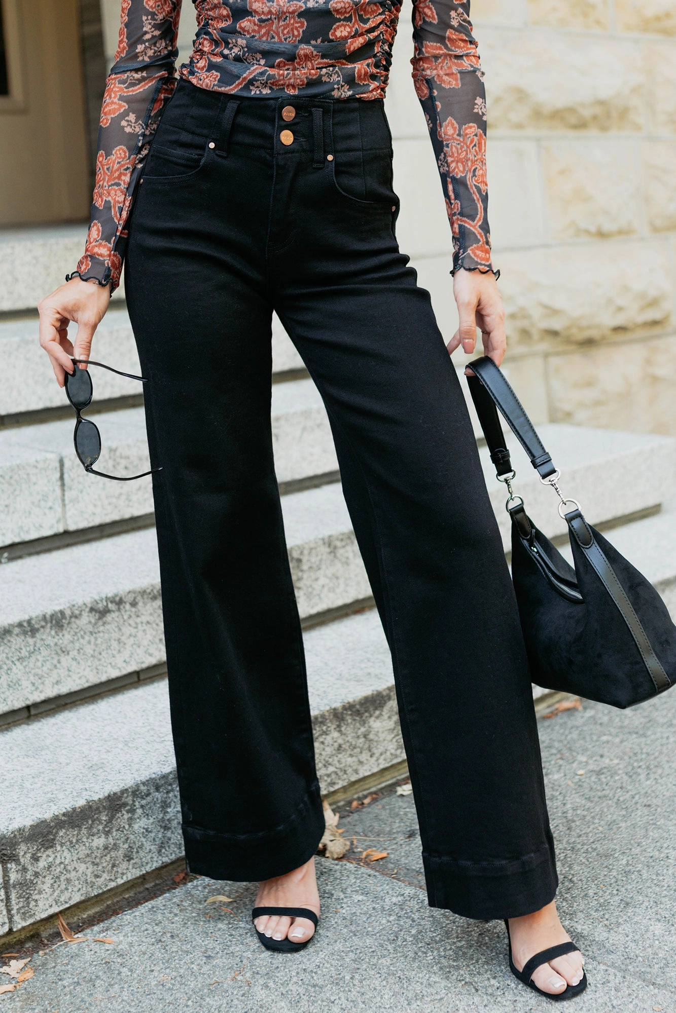 Eco Friendly Fashion Lover Morning Stroll Lightweight Urban Explorer Frederick High Rise Wide Leg Risen Jeans (Black)