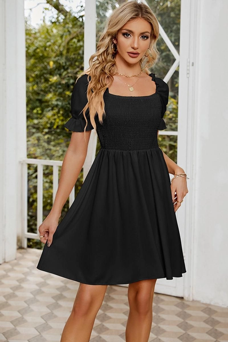 Street-Style Effortless Wear SQUARE NECK PUFF SLEEVES PLEATED SHORT DRESS