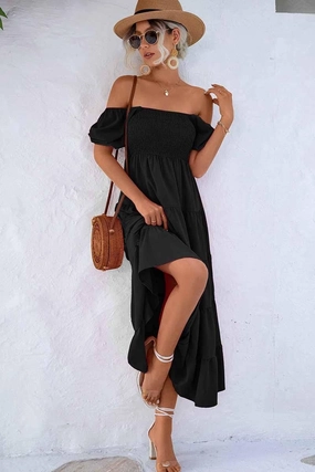 Grab Quick SQUARE NECK PUFF WRINKLE CHEST CAKE MAXI DRESS