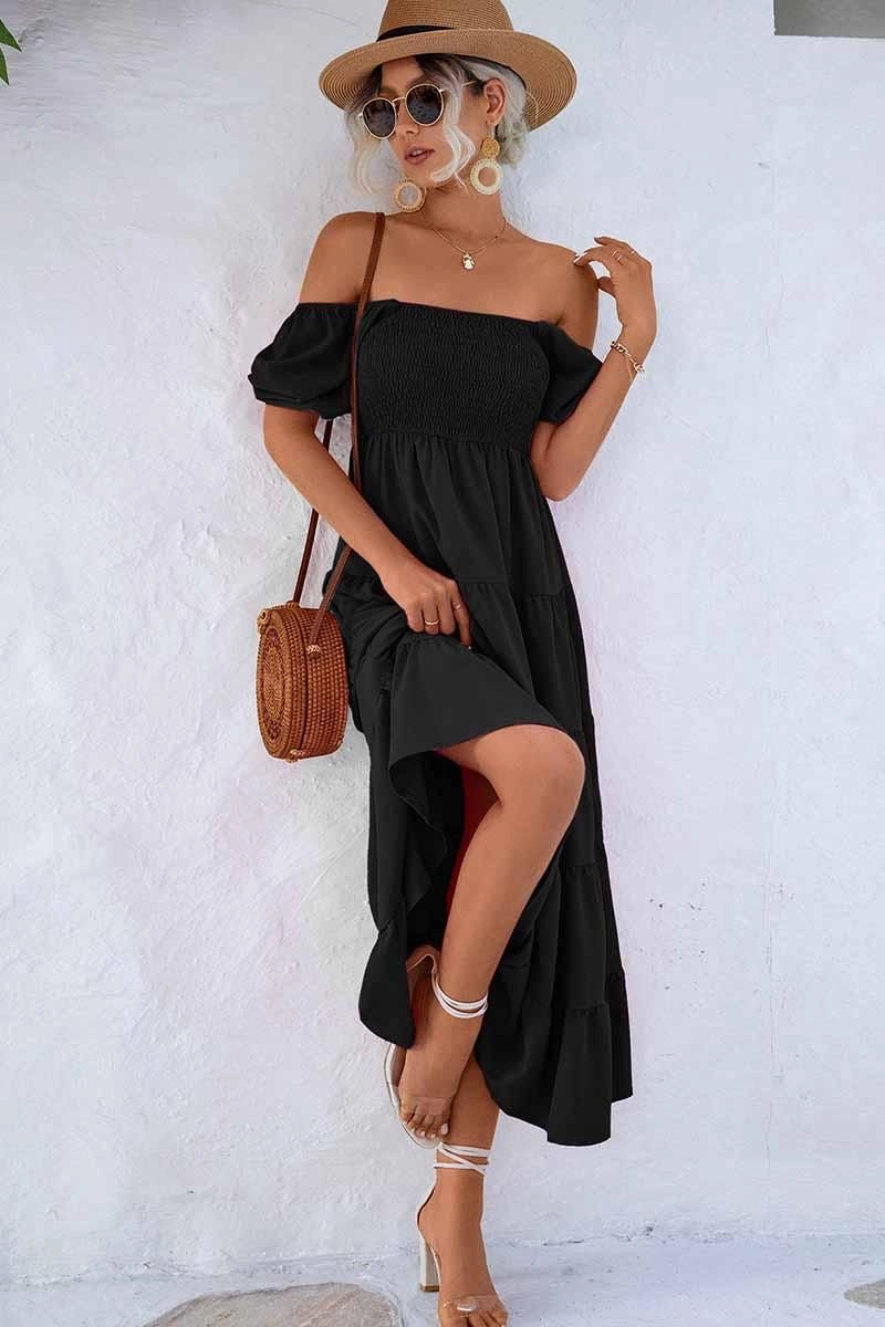 Lightweight Piece SQUARE NECK PUFF WRINKLE CHEST CAKE MAXI DRESS