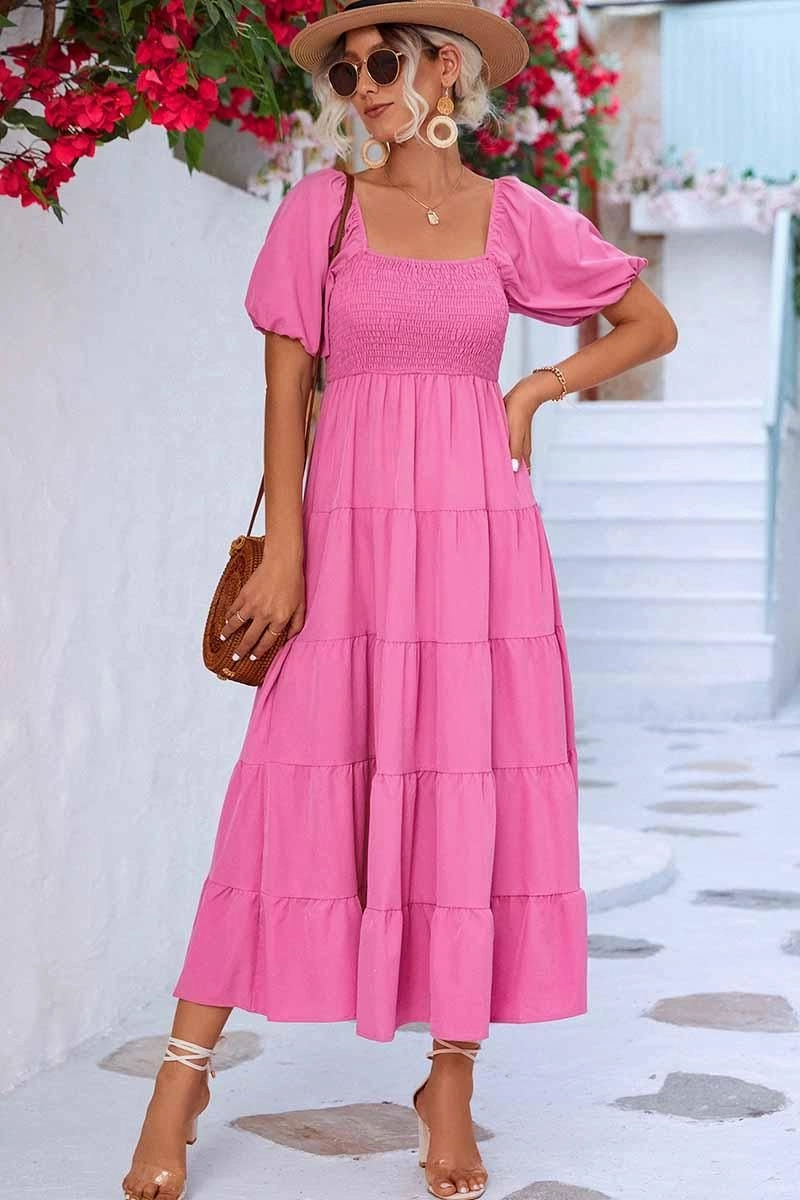 SQUARE NECK PUFF WRINKLE CHEST CAKE MAXI DRESS Casual Mode Comfortable office piece