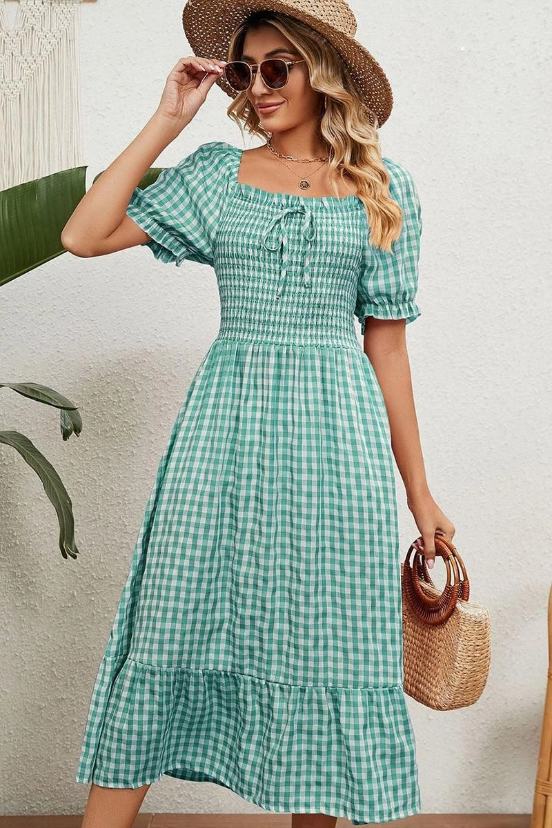 Sharp Finish Relaxed and Elegant SQUARE NECK WRINKLED PUFF PLAID PICNIC DRESS