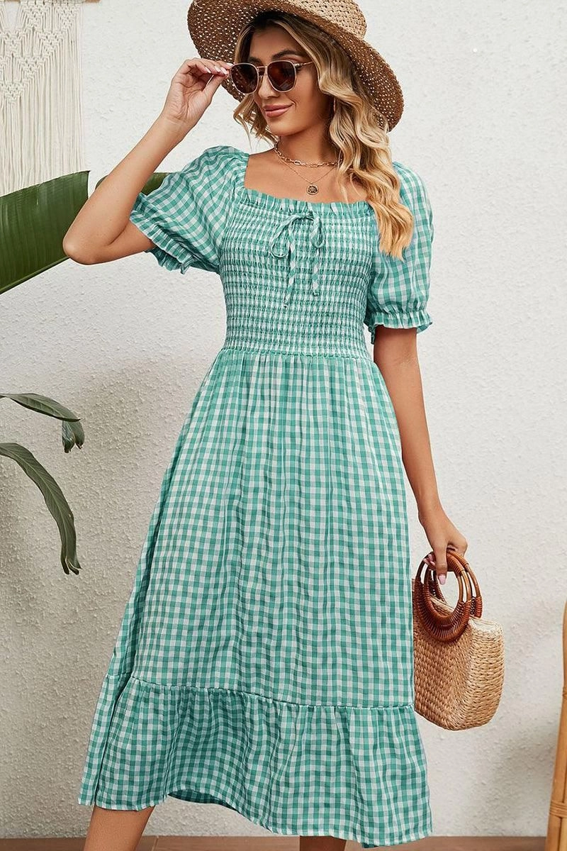 Refined Mood SQUARE NECK WRINKLED PUFF PLAID PICNIC DRESS