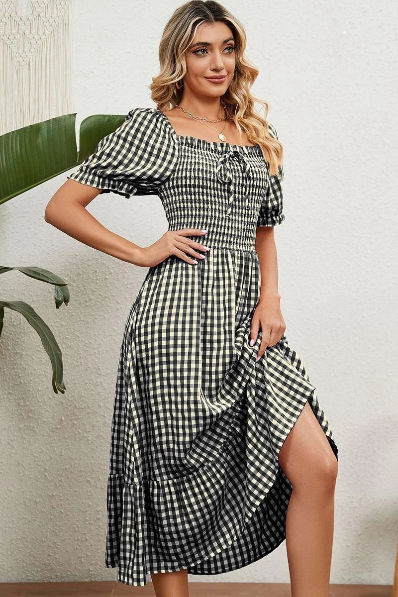 Chic Appeal Feminine Vibe SQUARE NECK WRINKLED PUFF PLAID PICNIC DRESS