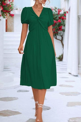 Polished and Elegant KINK V NECK BALLOON SLEEVE RUFFLED MIDI DRESS