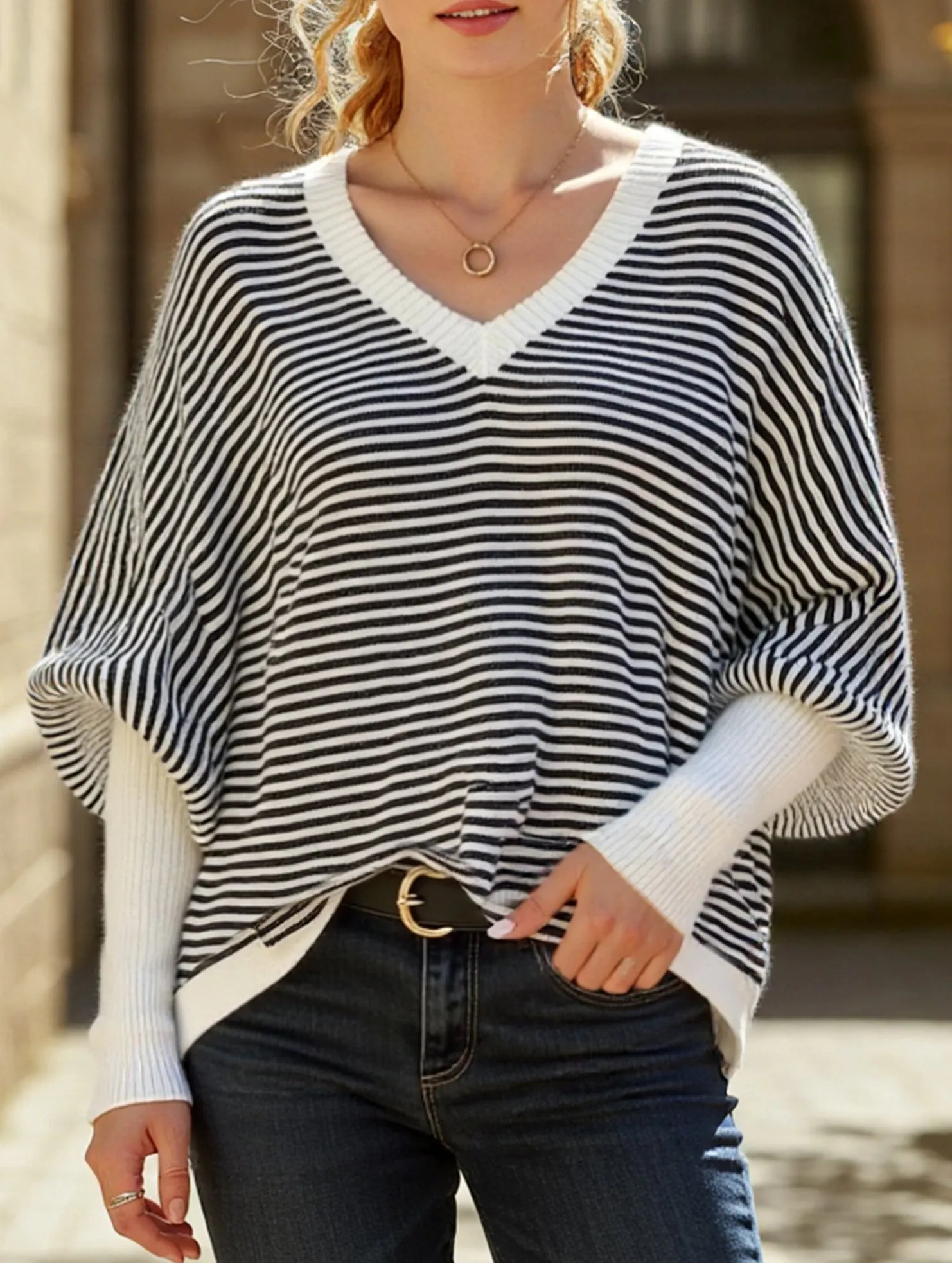 Casual Comfort Look Striped V-neck batwing sleeves sweater