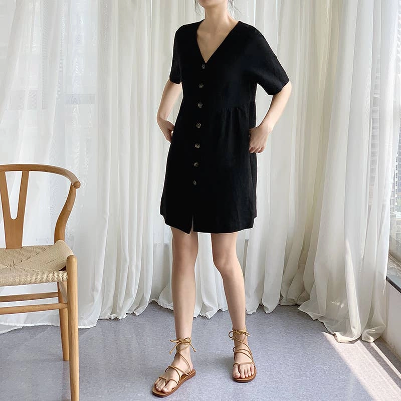 COTTON WAIST SLIMMING HEMP FRENCH DRESS_CWDSD4069 Tailored Comfort Summer Soft