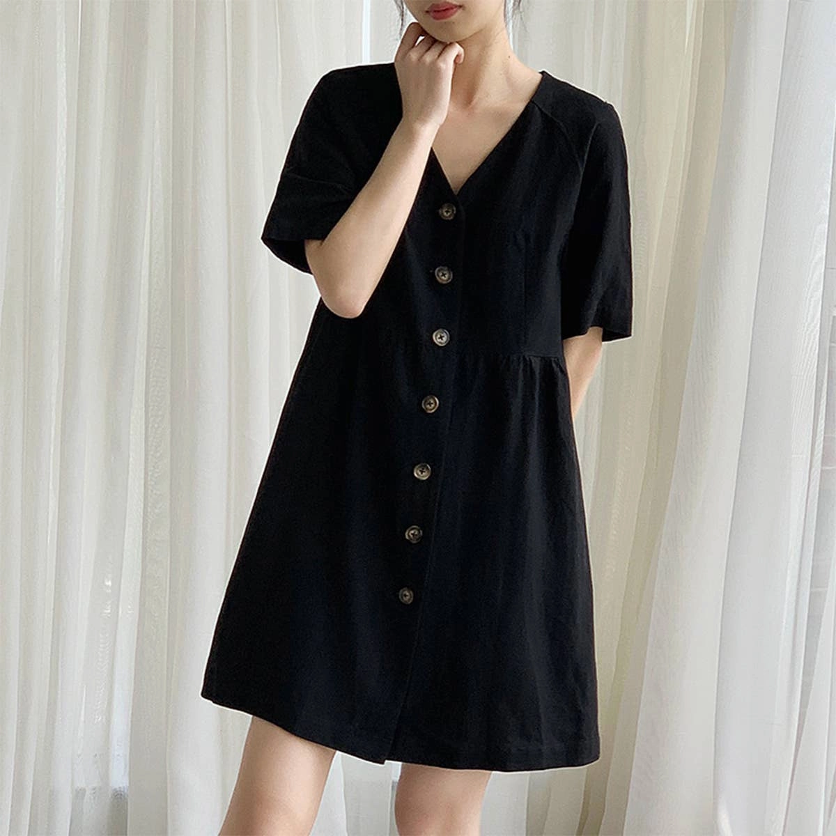 COTTON WAIST SLIMMING HEMP FRENCH DRESS_CWDSD4069 Fluid Cut Minimalist-Trend