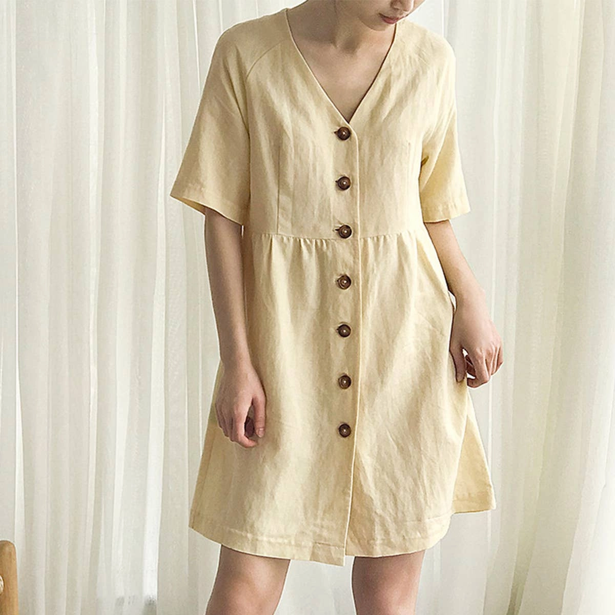 High Cut Casual and Stylish COTTON WAIST SLIMMING HEMP FRENCH DRESS_CWDSD4069