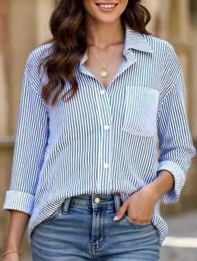 STRIPED BAGGY LAPEL LONG-SLEEVED BUTTON-UP SHIRT Tagless Comfort Collar
