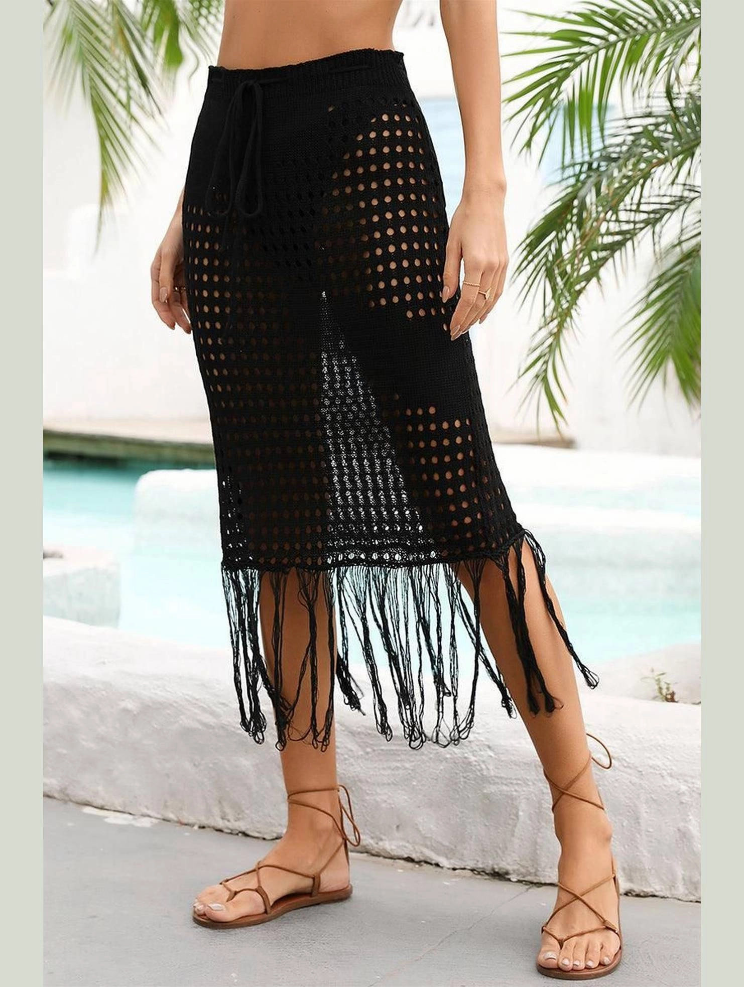 HOLLOW KNIT DRAWSTRING WAIST COVER UP SKIRT Flattering Look