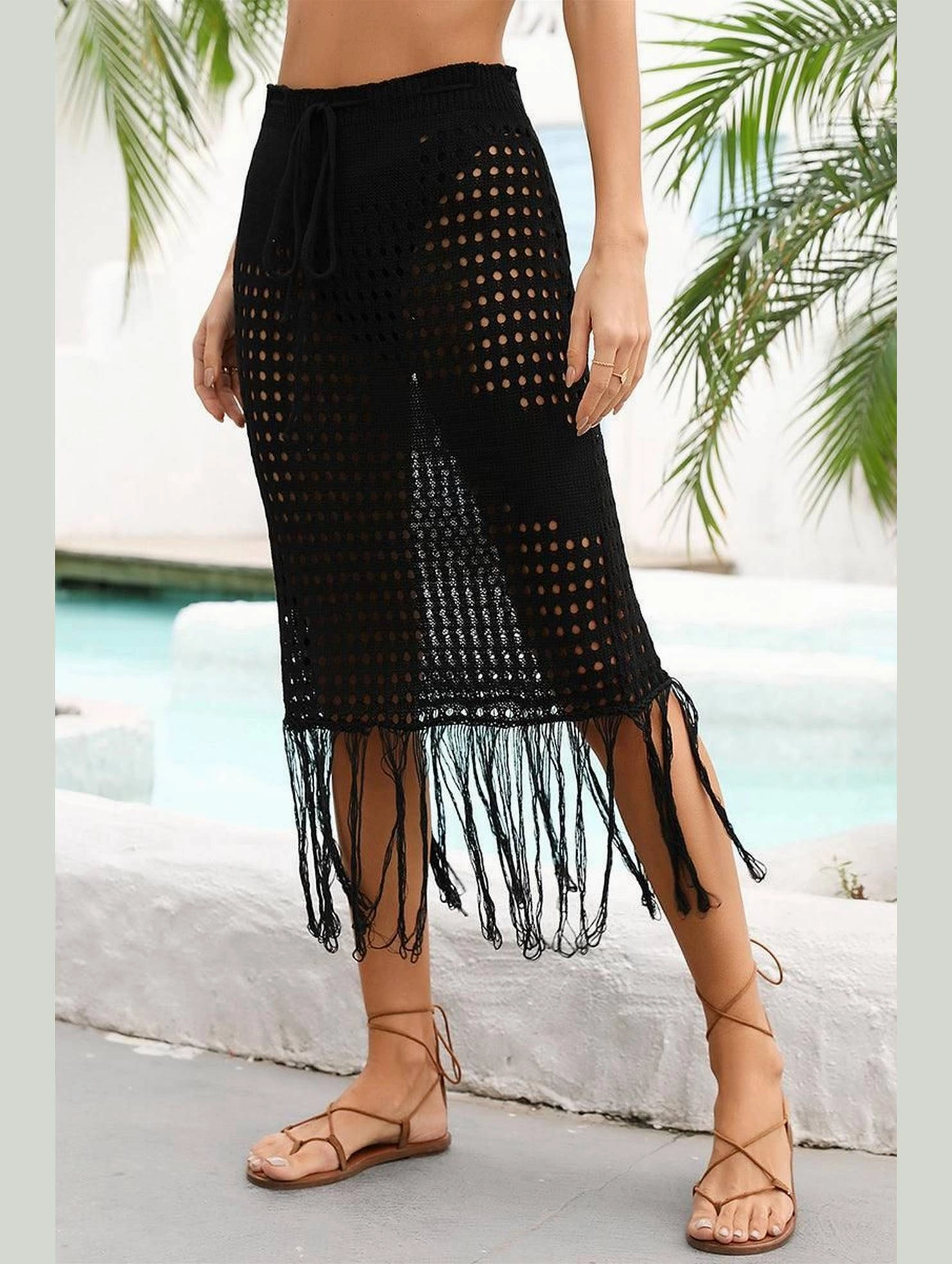 HOLLOW KNIT DRAWSTRING WAIST COVER UP SKIRT Soft Waist Printed design