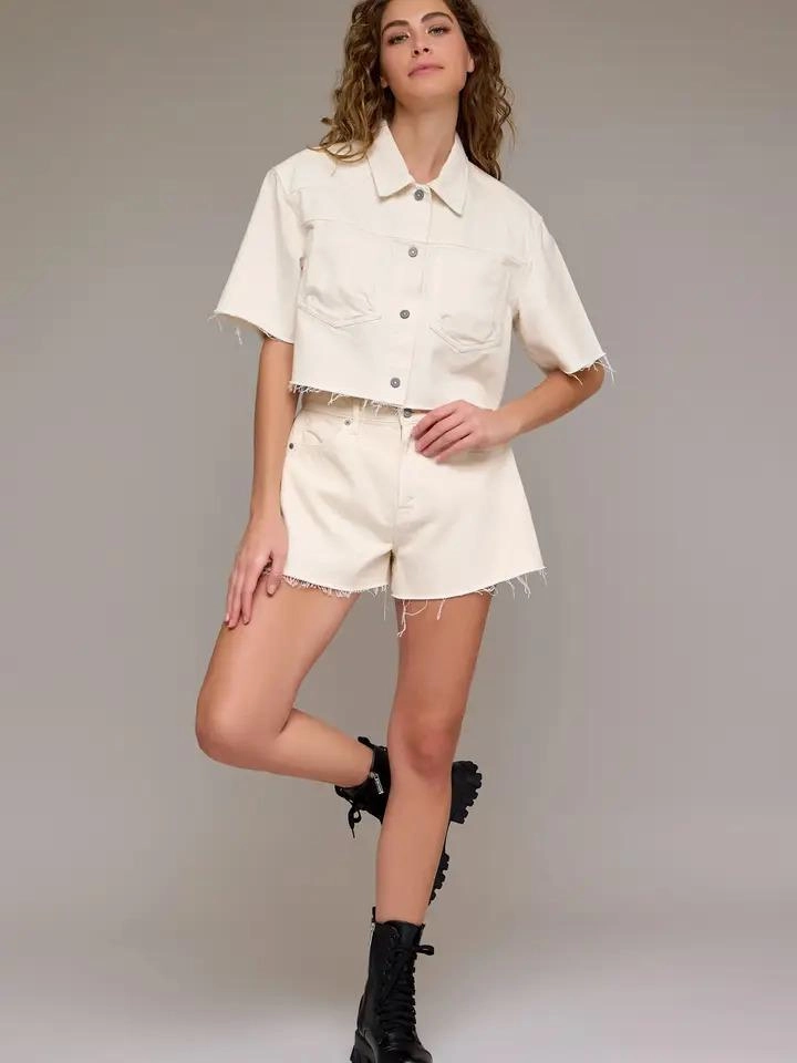 Versatile Relaxed Style Work Friendly Hidden Denim Long Boxy Crop Shirt