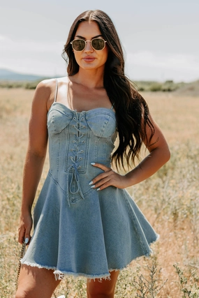 Watch Her Rise Sleeveless Denim Mini Dress (Denim) Sporty Look Bold Look Professional Wear