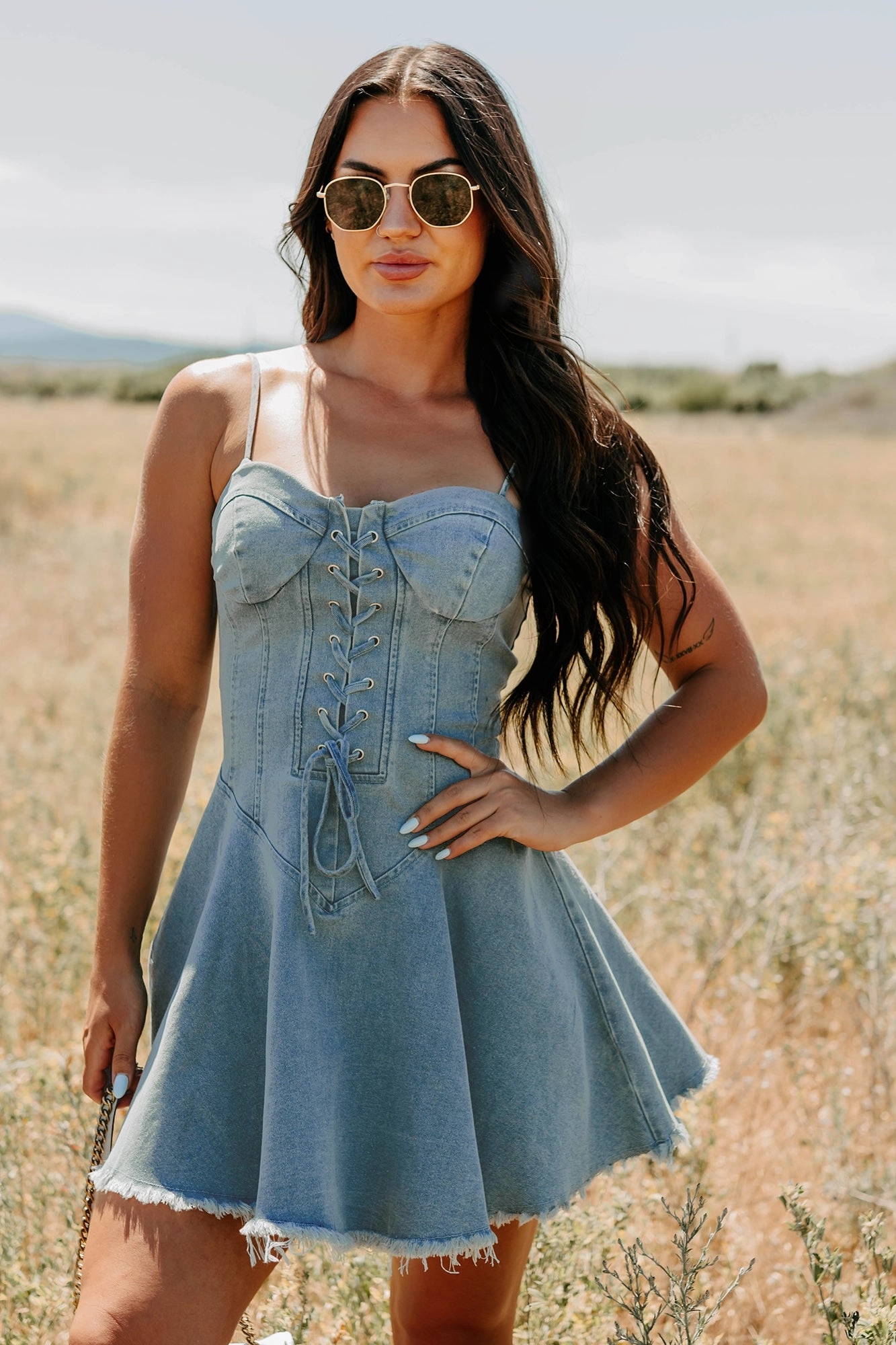 Watch Her Rise Sleeveless Denim Mini Dress (Denim) Elegant Adult Fashion