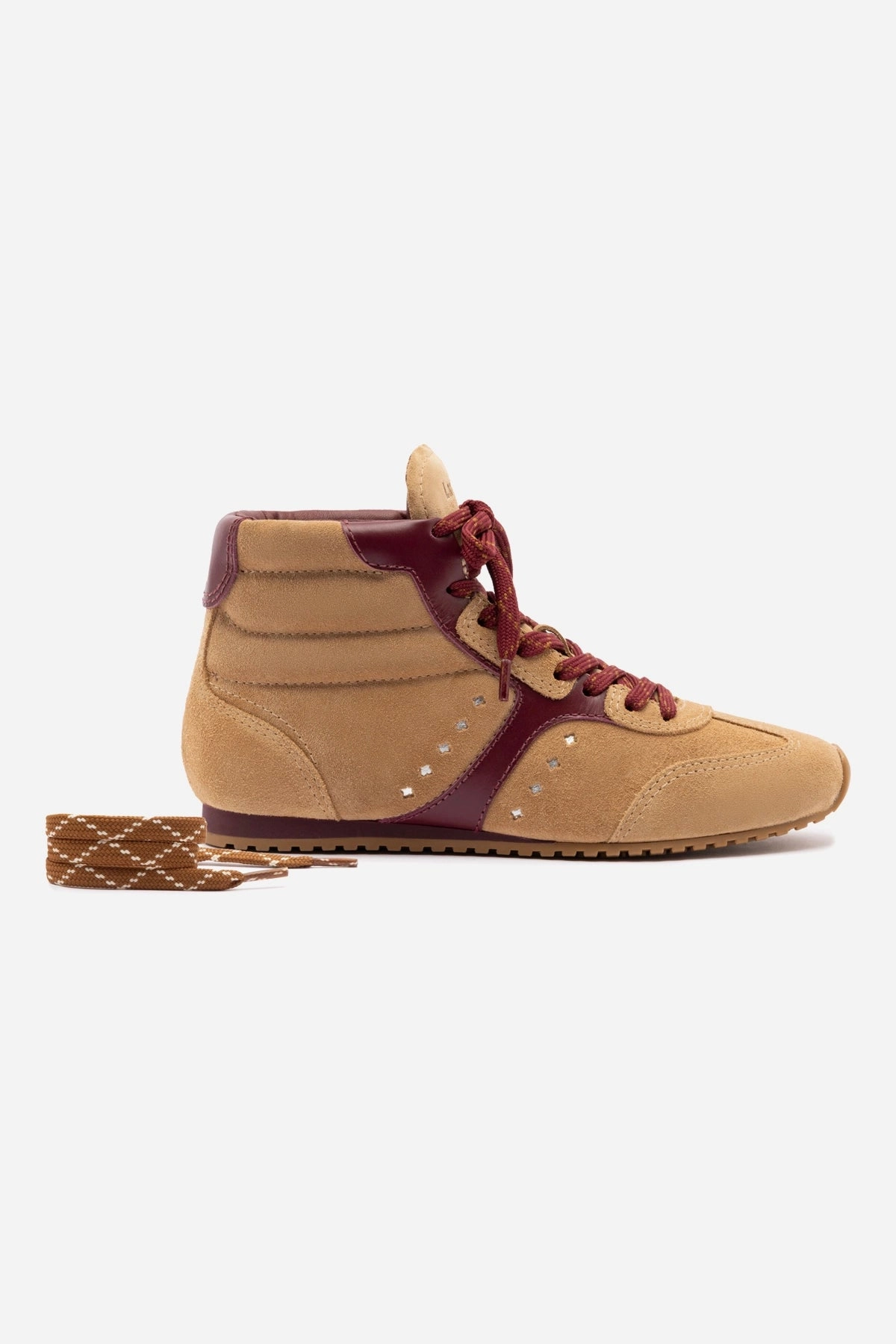Stella Mid Sneaker In Peanut Suede and Burgundy Leather Ventilation Ports Design Outdoor activities