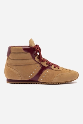 Stella Mid Sneaker In Peanut Suede and Burgundy Leather Neutral Ride Bonded Seam Construction