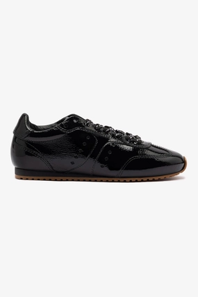 Wide Toe Box Option Subtle design Stella Sneaker In Black Patent Leather