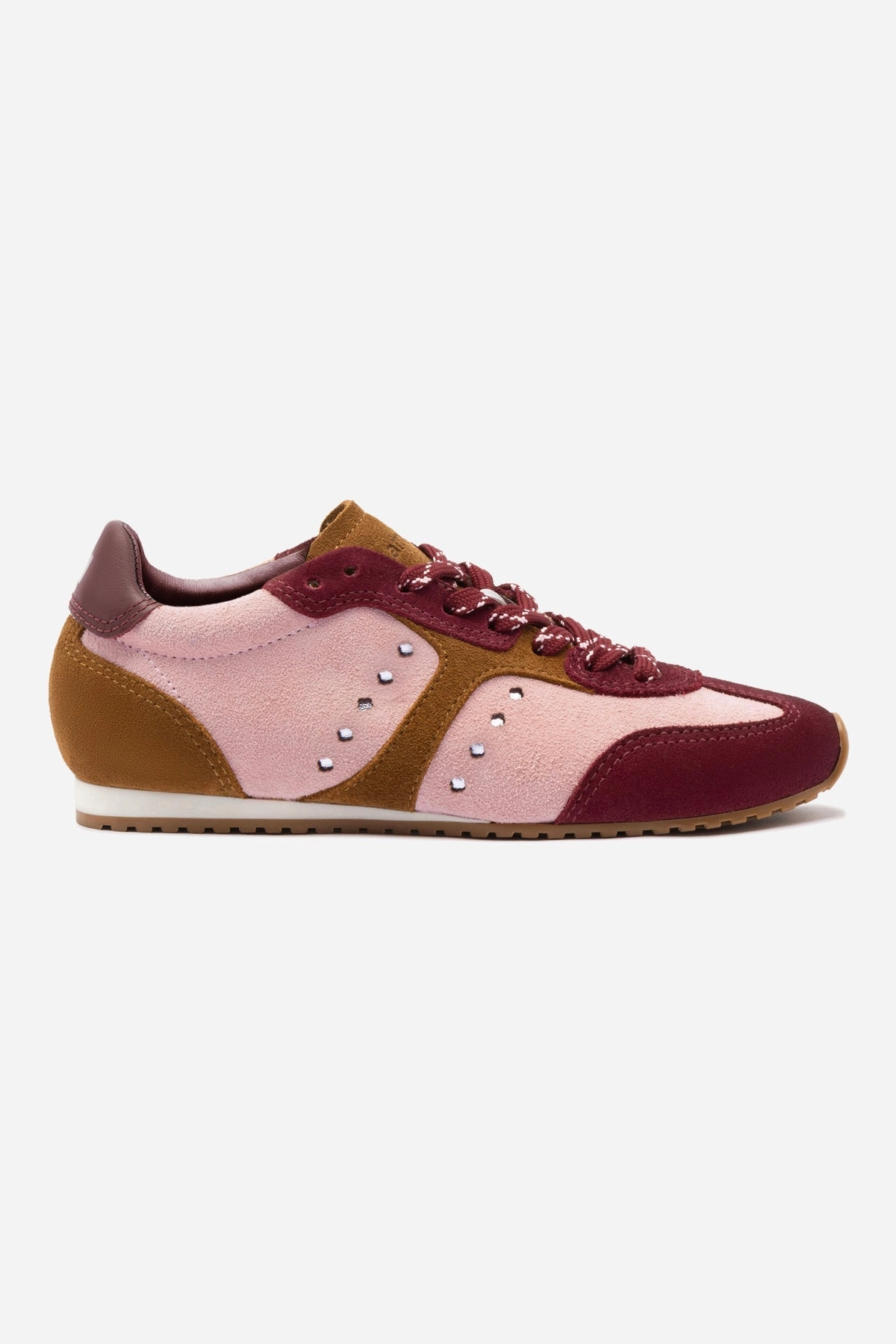 Stella Sneaker In Tulip, Russet and Wine Suede and Silver Metallic Leather AdjustableStrap Sport Fanatic