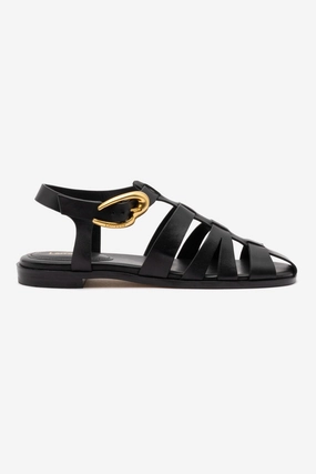 Stevie Flat Sandal In Black Leather Cork Footbed Adjustable buckle