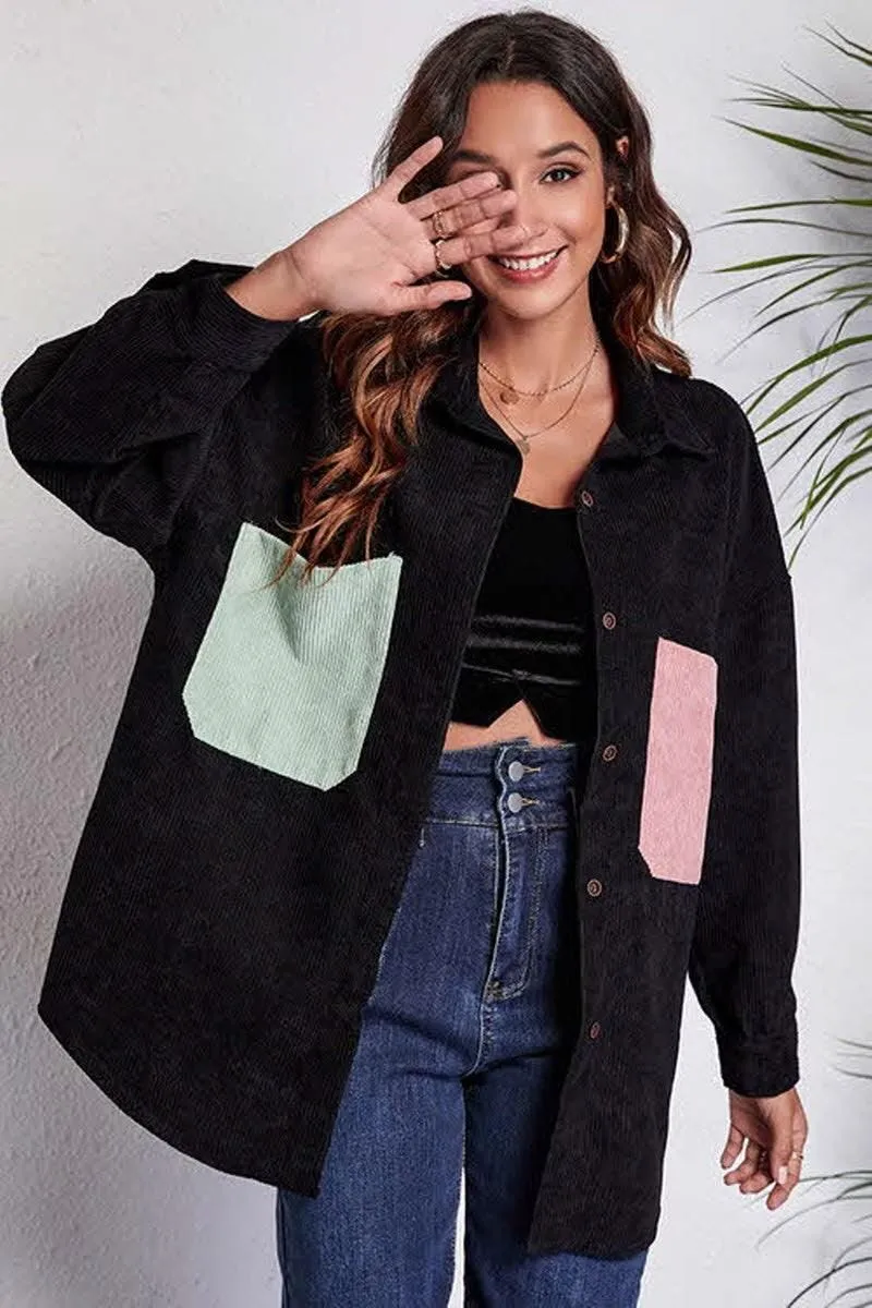 STITCHING POCKETS LOOSE CORDUROY SHIRT Sporty Top
