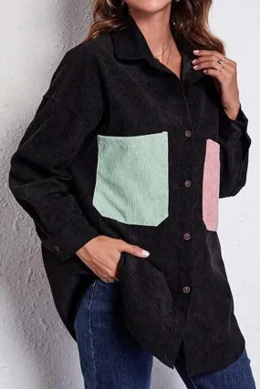 STITCHING POCKETS LOOSE CORDUROY SHIRT LoopwheelFabric Double Stitched Seams