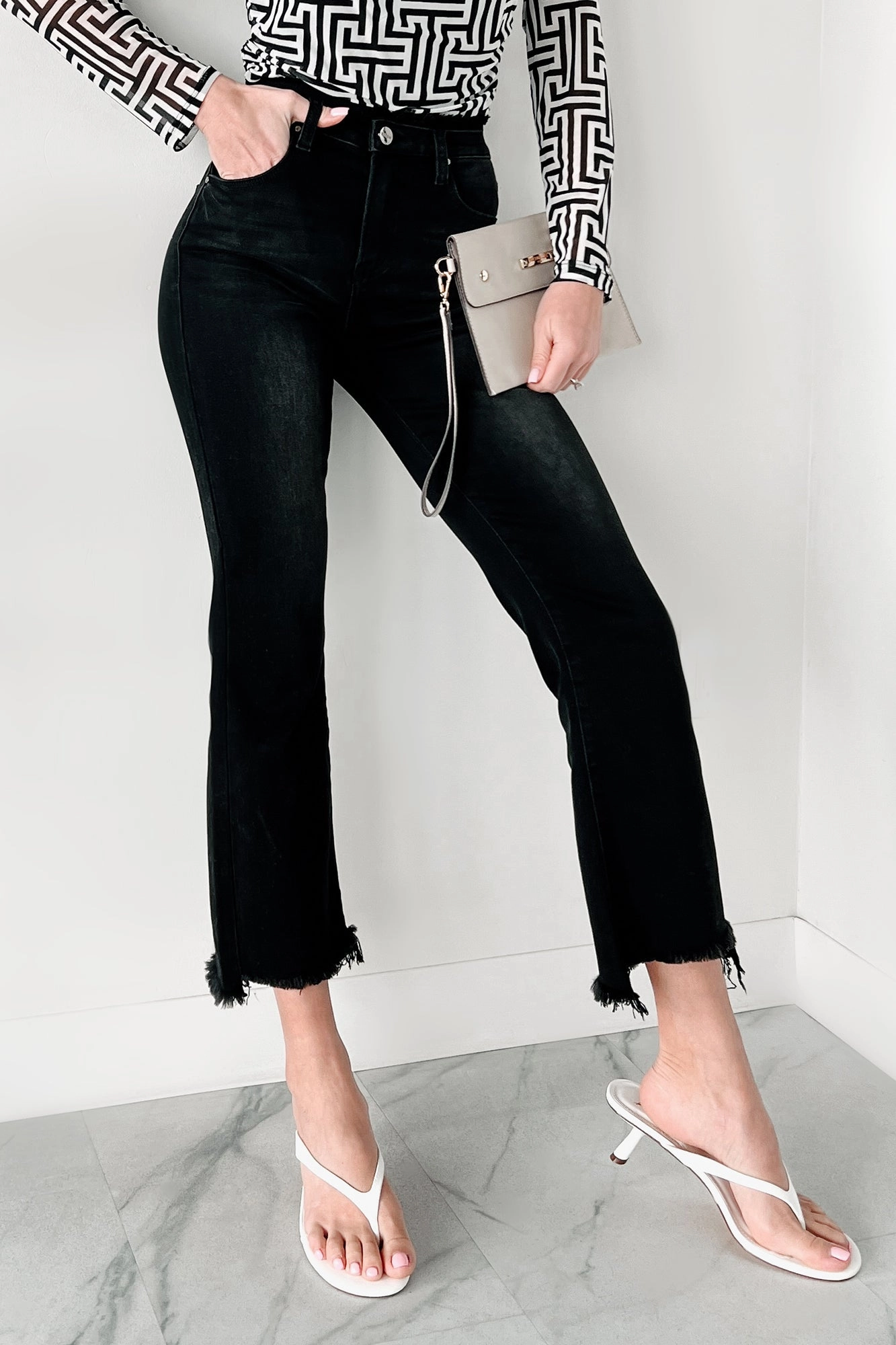 Stormy Weather Risen Black Washed Cropped Frayed Bootcut Jeans (Black) Active Touch Fitted Design