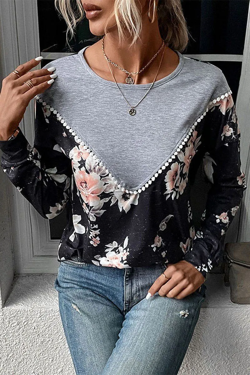 soft fit UV protection layer WOMEN ROUND NECK FLORAL PRINTING LONG SLEEVE TEE