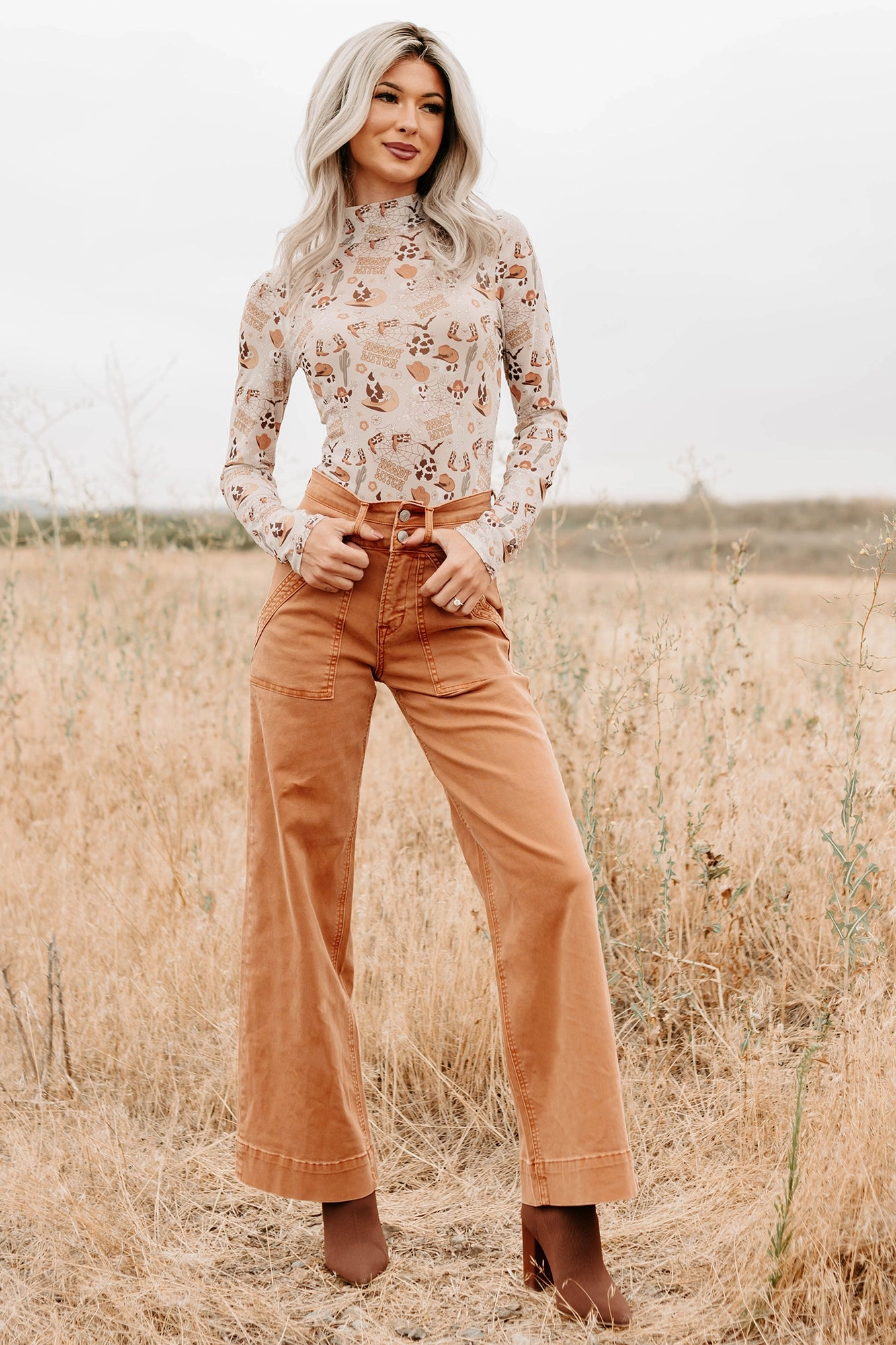 Henley Wide Leg Mica Denim Jeans (Cinnamon) Belt Loop Reinforcement