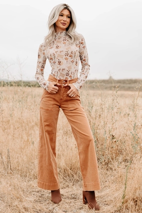 Henley Wide Leg Mica Denim Jeans (Cinnamon) Fits Everyone Casual Friday Picnic Style Nature Lover