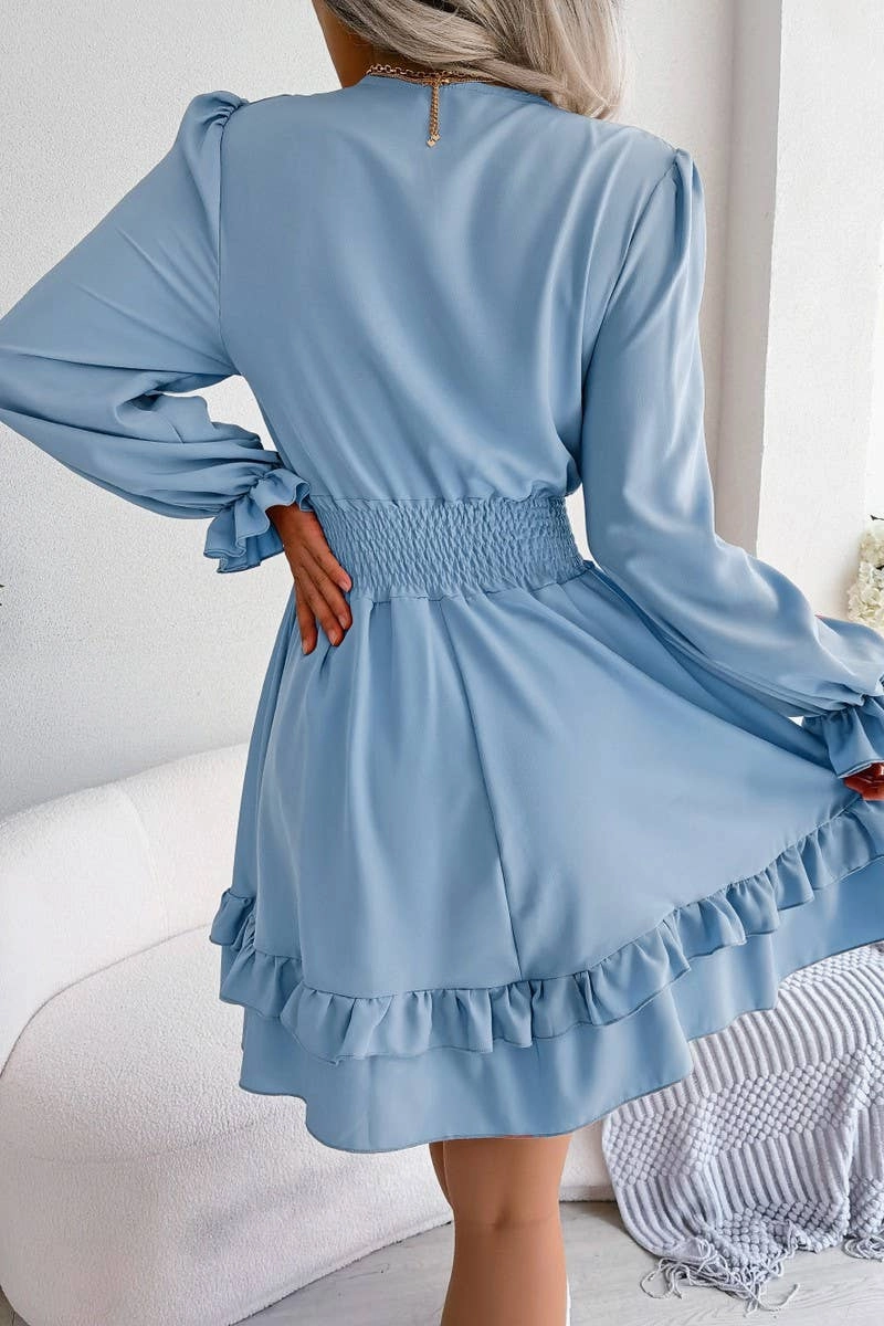 CASUAL DEEP V TIE UP WOODEN EAR SIDE SWING DRESS_CWDSD3014 photo look