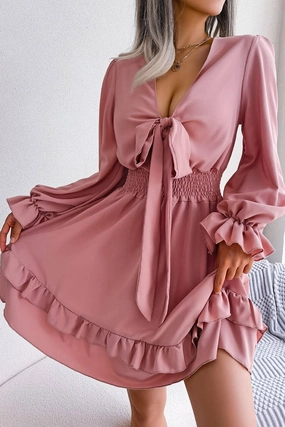 CASUAL DEEP V TIE UP WOODEN EAR SIDE SWING DRESS_CWDSD3014 Repair-Friendly single wear