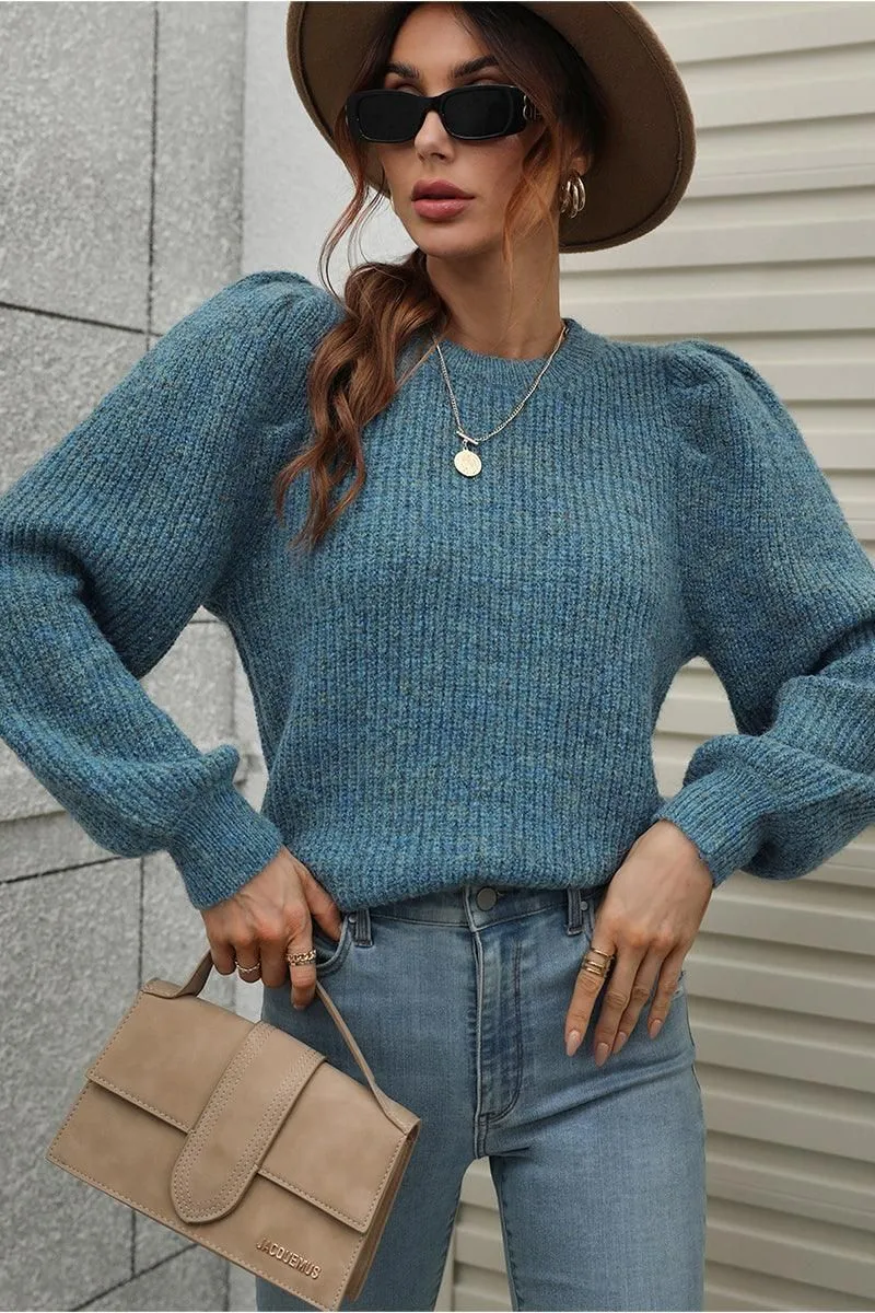 Seam Free Shoulders Pocket Design LOOSE FIT LEG OF MUTTON SLEEVE KNIT WARM SWEATER