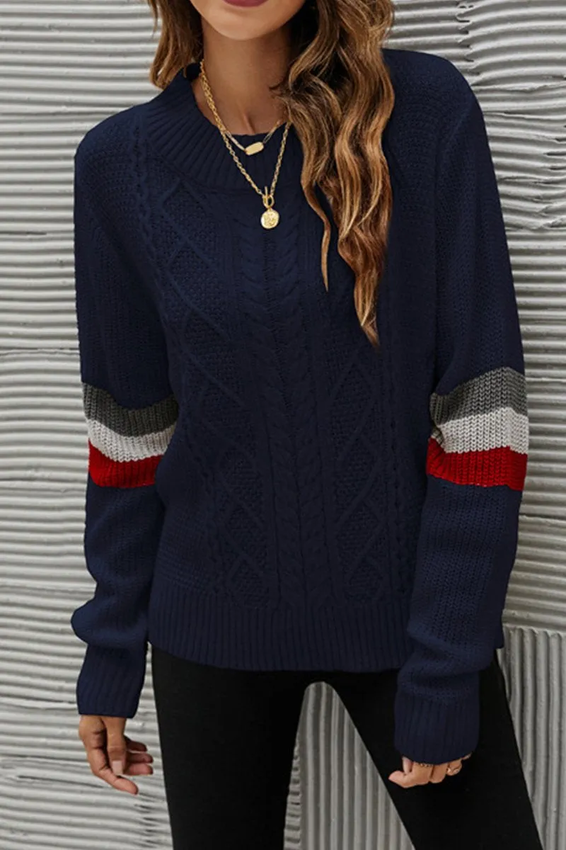 Bohemian style Heathered Texture WOMEN COLOR STRIPE SLEEVE LOOSE KNIT JUPMER TOP