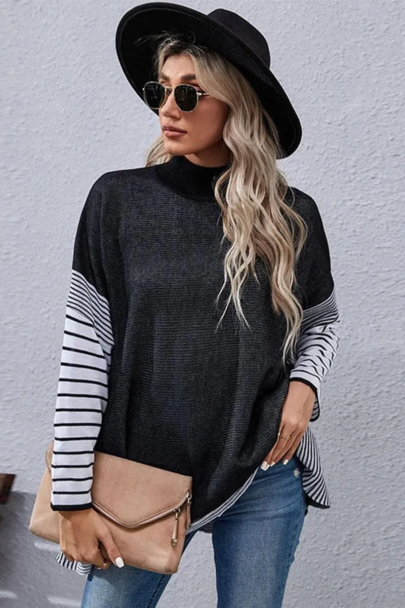 Comfy Design STRIPED SLEEVE HIGH NECK LOOSE FIT CASUAL SWEATER