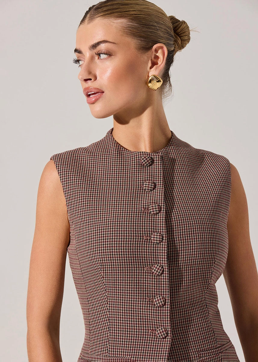 Gisselle Vest - Brown Wine Plaid AdjustableNeckline
