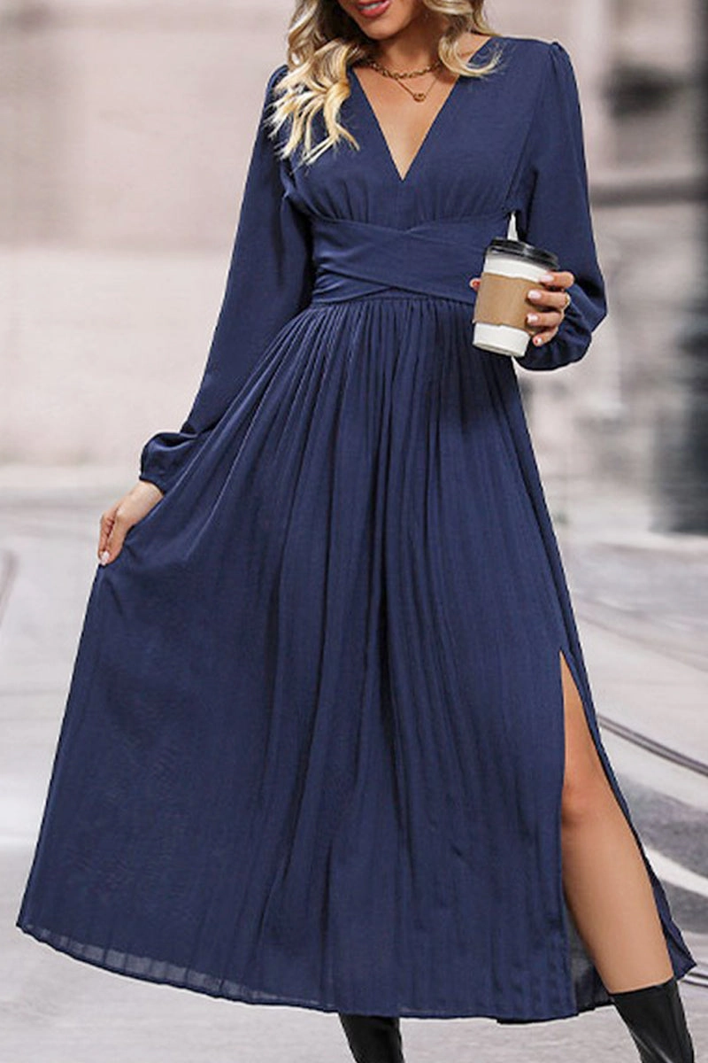 WOMEN LOOSE FIT V NECK LONG SLEEVE SLIT DRESS Understated Elegance