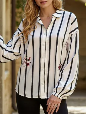 Stripe Sleeve Shirt with Stand Collar and Long Sleeves FlexibleWaistband CrewNeck