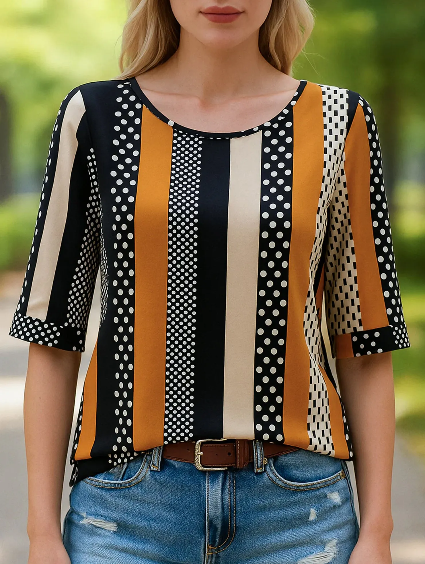 High Durability Weave Striped Polka-Dot Crew Neck Mid-Sleeve Top ??Trendy Printed Women??s Shirt