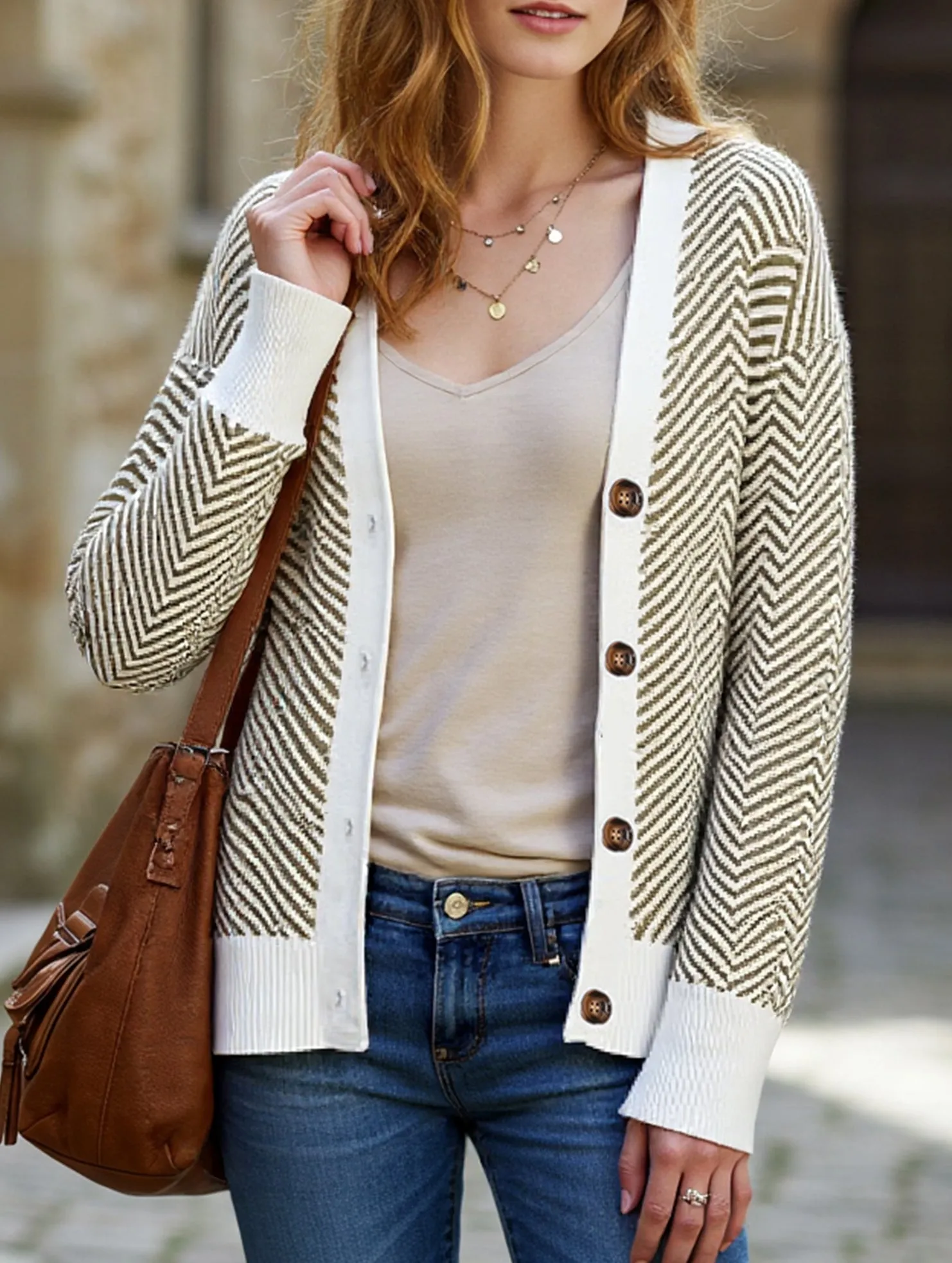 Striped V-neck loose knit cardigan Layered Collar Structure