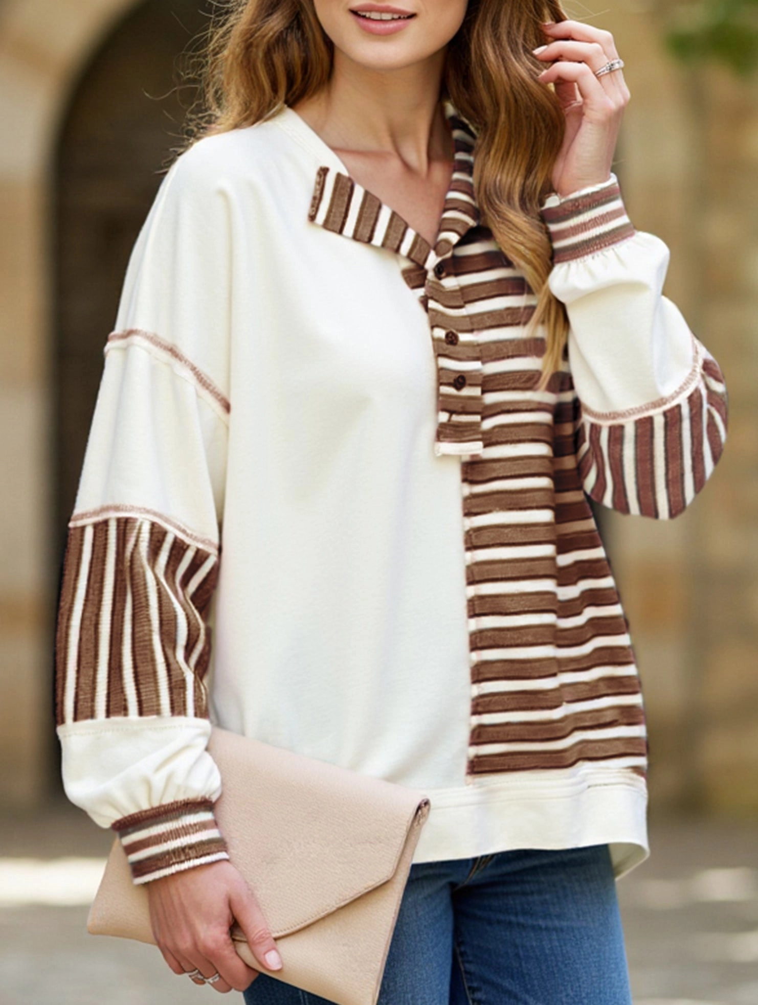 ribbed texture DoubleStitched Striped loose casual sweatshirt