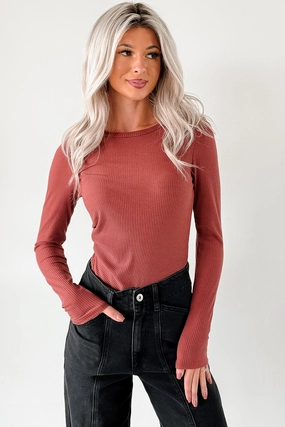 Comfortable Fit Wear Confident Glow Long Sleeve Ribbed Bodysuit (Mahogany)