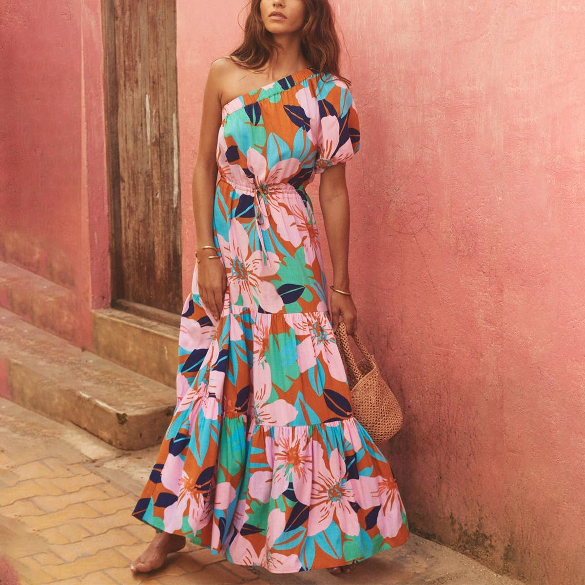 Effortless Style DIAGONAL SHOULDER HOLIDAY FLORAL DRESS_CWDMD1828