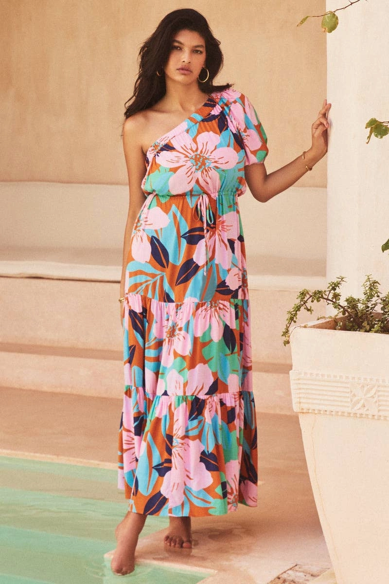 DIAGONAL SHOULDER HOLIDAY FLORAL DRESS_CWDMD1828 Casual maxi dress Easy and Effortless