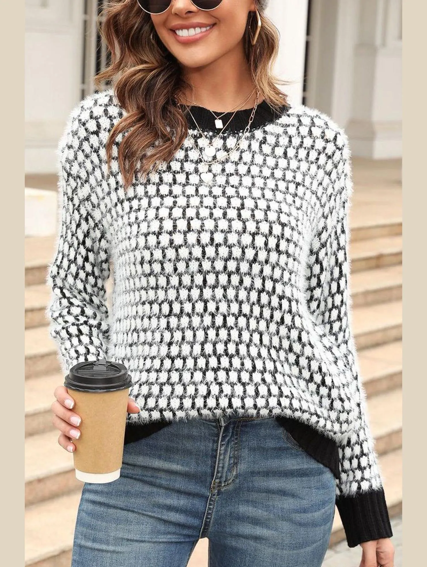 CONTRAST LARGE ROUND NECK LONG SLEEVE SWEATER Chic Knit